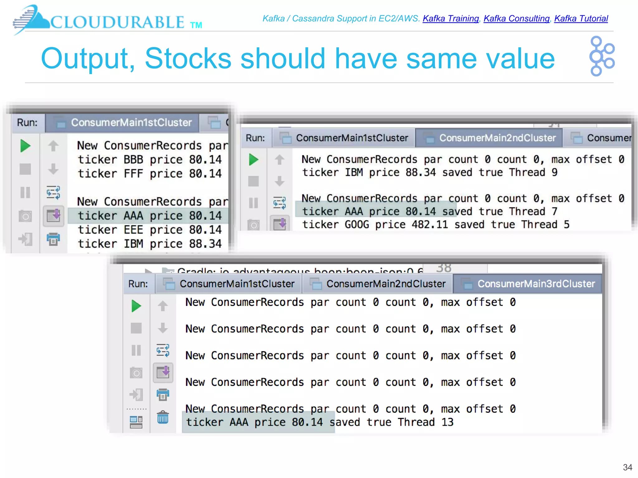 ™
Kafka / Cassandra Support in EC2/AWS. Kafka Training, Kafka Consulting, Kafka Tutorial
Output, Stocks should have same value
34
 