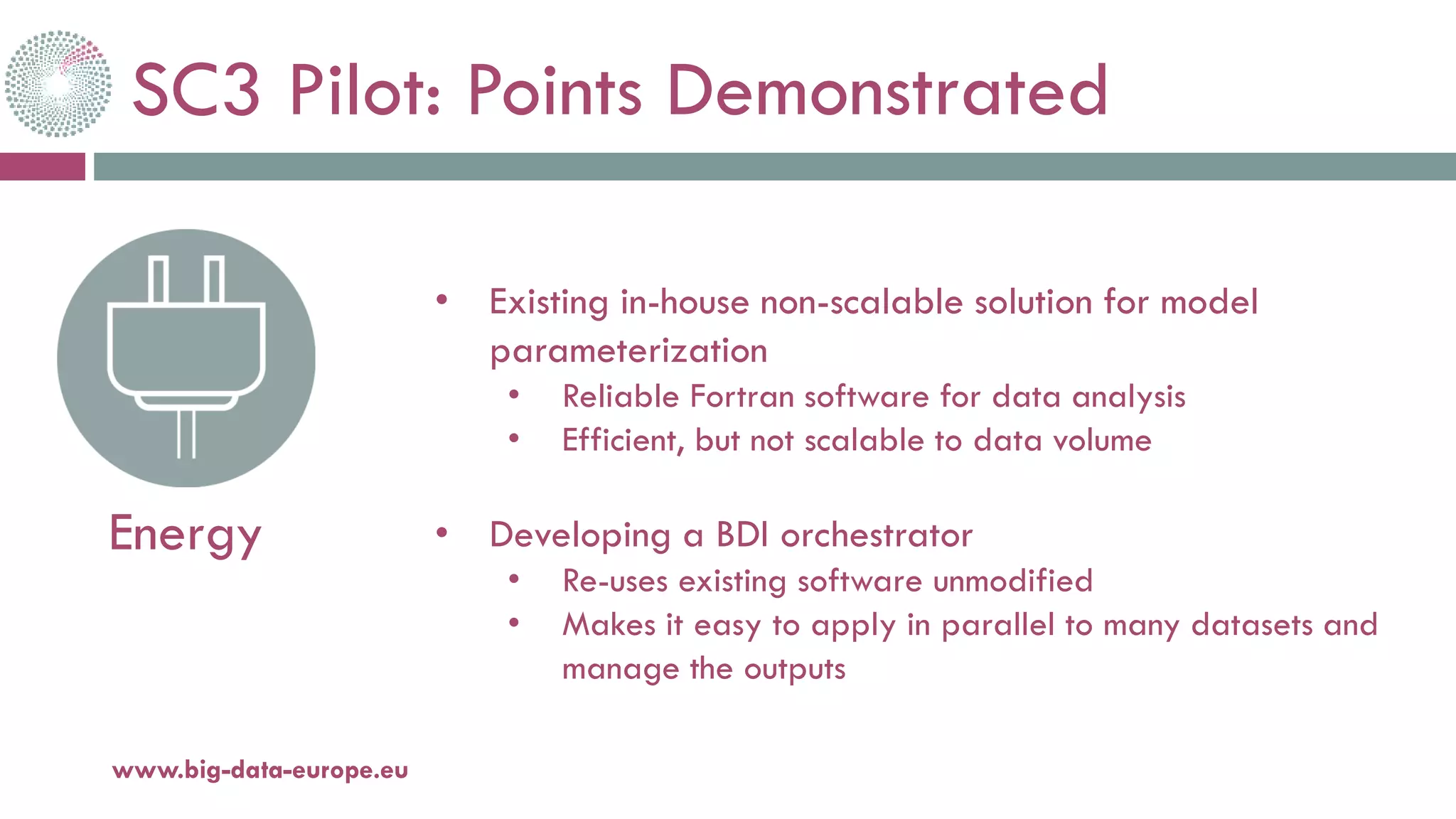 SC3 Pilot: Points Demonstrated
20-oct.-16www.big-data-europe.eu
Energy
• Existing in-house non-scalable solution for model
parameterization
• Reliable Fortran software for data analysis
• Efficient, but not scalable to data volume
• Developing a BDI orchestrator
• Re-uses existing software unmodified
• Makes it easy to apply in parallel to many datasets and
manage the outputs
 