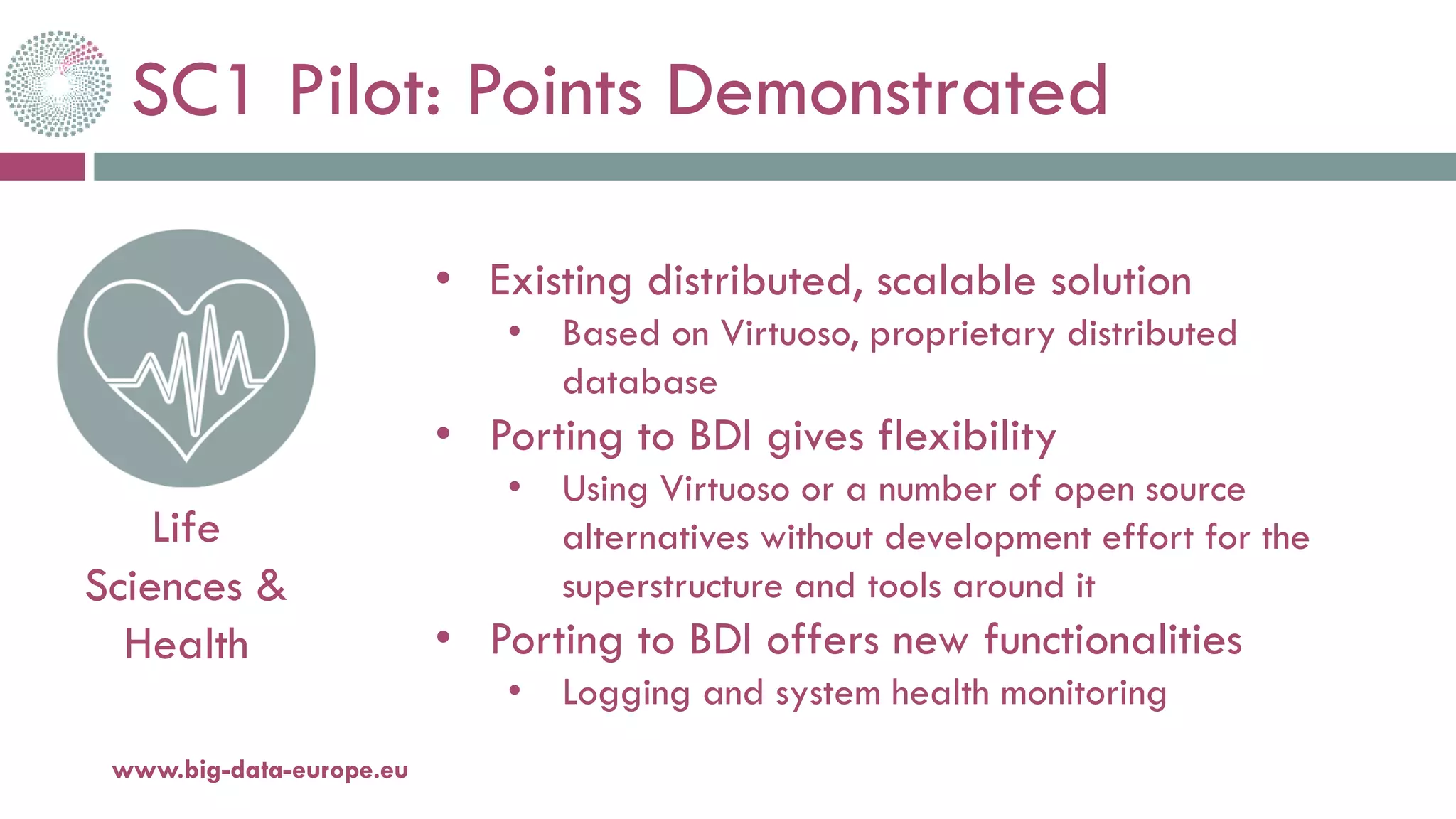 SC1 Pilot: Points Demonstrated
20-oct.-16www.big-data-europe.eu
Life
Sciences &
Health
• Existing distributed, scalable solution
• Based on Virtuoso, proprietary distributed
database
• Porting to BDI gives flexibility
• Using Virtuoso or a number of open source
alternatives without development effort for the
superstructure and tools around it
• Porting to BDI offers new functionalities
• Logging and system health monitoring
 