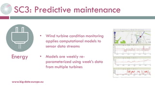 SC3: Predictive maintenance
20-oct.-16www.big-data-europe.eu
Energy
• Wind turbine condition monitoring
applies computational models to
sensor data streams
• Models are weekly re-
parameterized using week’s data
from multiple turbines
 