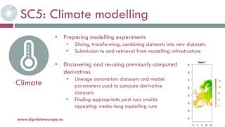 SC5: Climate modelling
20-oct.-16www.big-data-europe.eu
Climate
• Discovering and re-using previously computed
derivatives
• Lineage annotation: datasets and model
parameters used to compute derivative
datasets
• Finding appropriate past runs avoids
repeating weeks-long modelling runs
• Preparing modelling experiments
• Slicing, transforming, combining datasets into new datasets
• Submission to and retrieval from modelling infrastructure
 