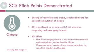 SC5 Pilot: Points Demonstrated
20-oct.-16www.big-data-europe.eu
Climate
• Existing infrastructure and stable, reliable software for
parallel computation of models
• BDI is deployed as an external infrastructure for
preparing and managing datasets
• BDI offers:
• Hive for managing data in a way that can be retrieved
and manipulated, rather than file blocks
• Cassandra stores structured and textual metadata for
searching headers and lineage
 