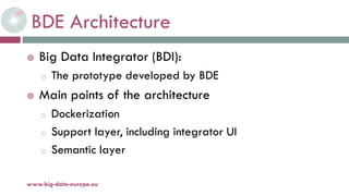 BDE Architecture
 Big Data Integrator (BDI):
o The prototype developed by BDE
 Main points of the architecture
o Dockerization
o Support layer, including integrator UI
o Semantic layer
20-oct.-16www.big-data-europe.eu
 