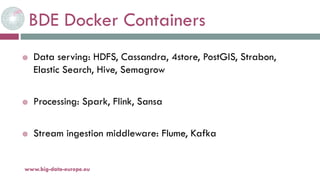 BDE Docker Containers
20-oct.-16www.big-data-europe.eu
 Data serving: HDFS, Cassandra, 4store, PostGIS, Strabon,
Elastic Search, Hive, Semagrow
 Processing: Spark, Flink, Sansa
 Stream ingestion middleware: Flume, Kafka
 