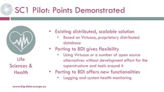 SC1 Pilot: Points Demonstrated
20-oct.-16www.big-data-europe.eu
Life
Sciences &
Health
• Existing distributed, scalable solution
• Based on Virtuoso, proprietary distributed
database
• Porting to BDI gives flexibility
• Using Virtuoso or a number of open source
alternatives without development effort for the
superstructure and tools around it
• Porting to BDI offers new functionalities
• Logging and system health monitoring
 