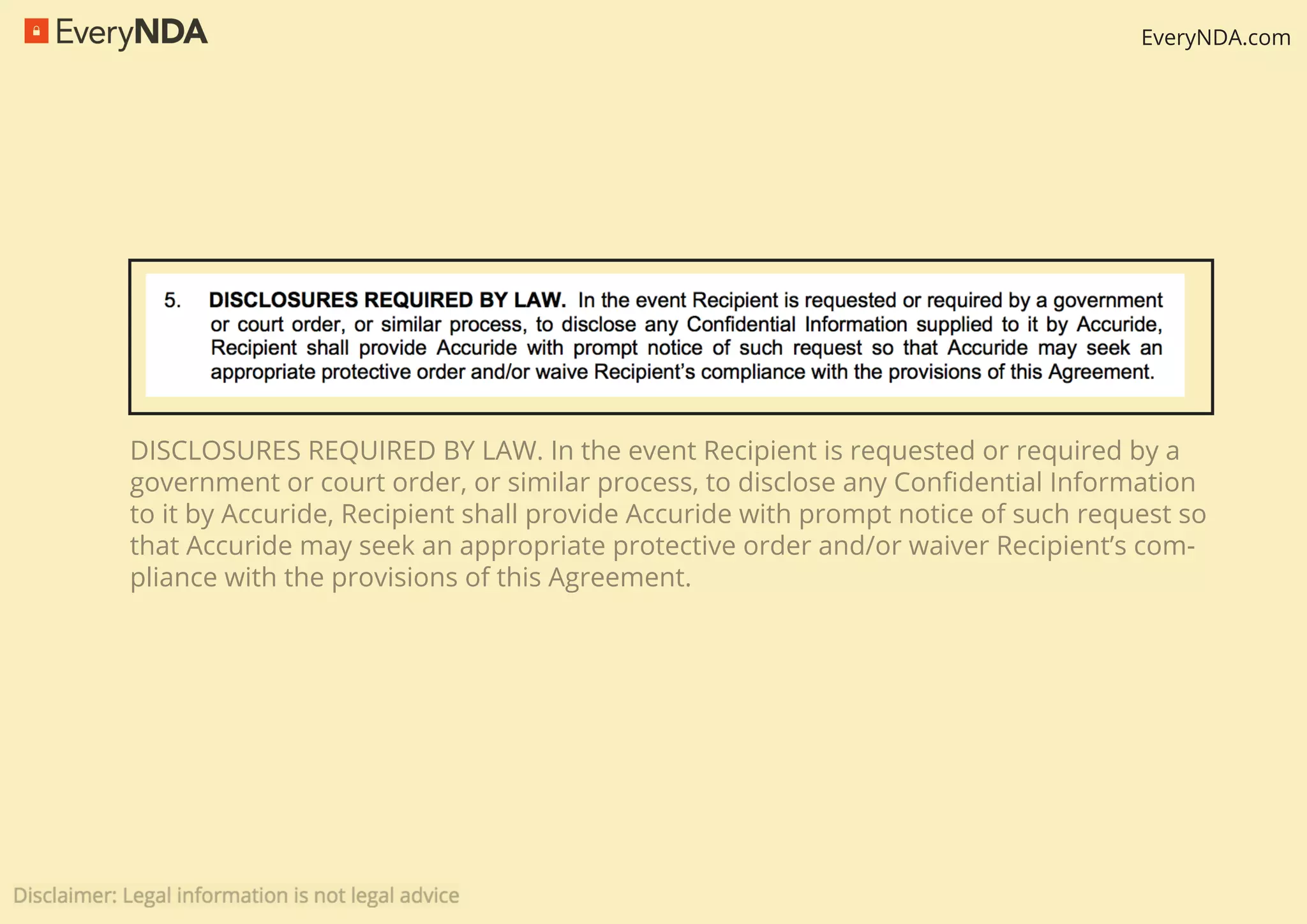EveryNDA.com
DISCLOSURES REQUIRED BY LAW. In the event Recipient is requested or required by a
government or court order, or similar process, to disclose any Conﬁdential Information
to it by Accuride, Recipient shall provide Accuride with prompt notice of such request so
that Accuride may seek an appropriate protective order and/or waiver Recipient’s com-
pliance with the provisions of this Agreement.
 