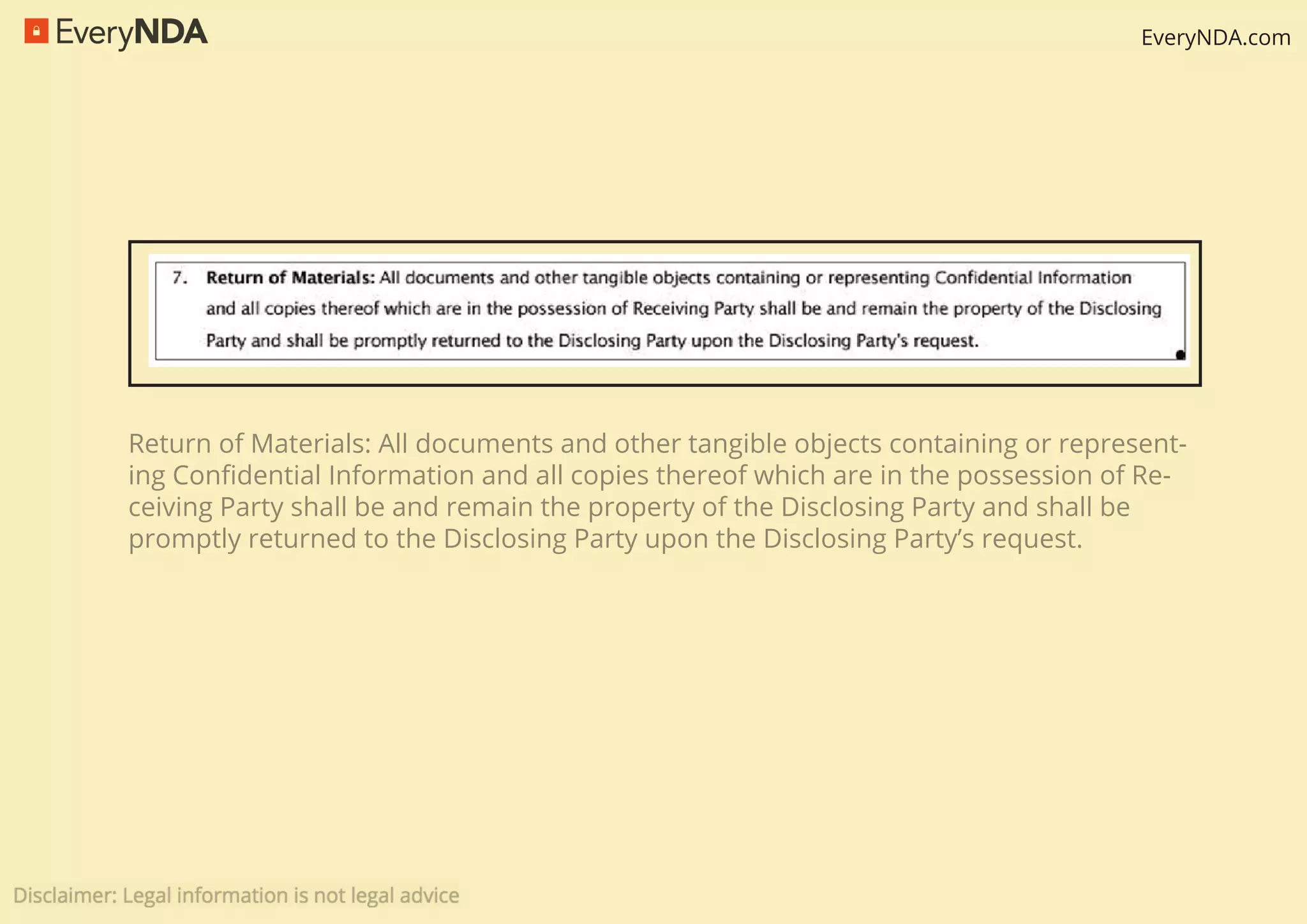 EveryNDA.com
Return of Materials: All documents and other tangible objects containing or represent-
ing Conﬁdential Information and all copies thereof which are in the possession of Re-
ceiving Party shall be and remain the property of the Disclosing Party and shall be
promptly returned to the Disclosing Party upon the Disclosing Party’s request.
 