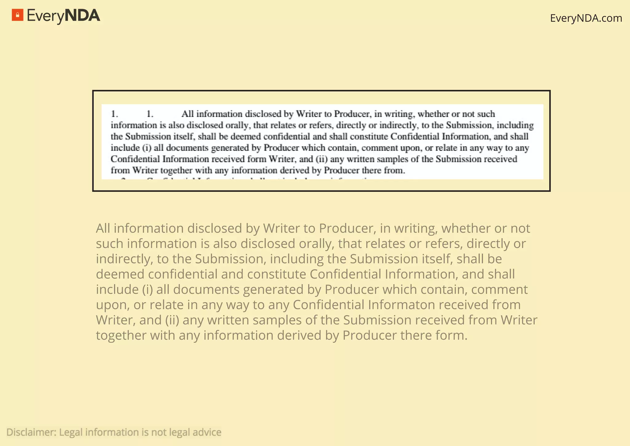 EveryNDA.com
All information disclosed by Writer to Producer, in writing, whether or not
such information is also disclosed orally, that relates or refers, directly or
indirectly, to the Submission, including the Submission itself, shall be
deemed conﬁdential and constitute Conﬁdential Information, and shall
include (i) all documents generated by Producer which contain, comment
upon, or relate in any way to any Conﬁdential Informaton received from
Writer, and (ii) any written samples of the Submission received from Writer
together with any information derived by Producer there form.
 