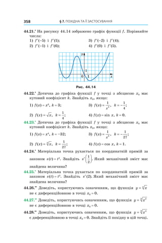 §	7.	пОхіДна	та	її	застОсування358
44.21.•
На рисунку 44.14 зображено графік функції f. Порівняйте
числа:
1) ′ −f ( )5 і ′f ( );1 3) ′ −f ( )2 і ′f ( );4
2) ′ −f ( )1 і ′f ( );6 4) ′f ( )0 і ′f ( ).5
Рис. 44.14
44.22.•
Дотична до графіка функції f у точці з абсцисою x0 має
кутовий коефіцієнт k. Знайдіть x0, якщо:
1) f(x) = x3
, k = 3; 3) f x
x
( ) ,=
1
2
k = −
1
4
;
2) f x x( ) ,= k =
1
4
; 4) f(x) = sin x, k = 0.
44.23.•
Дотична до графіка функції f у точці з абсцисою x0 має
кутовий коефіцієнт k. Знайдіть x0, якщо:
1) f(x) = x4
, k = –32; 3) f x
x
( ) ,=
1
3
k = −
1
27
;
2) f x x( ) ,= 3
k =
1
27
; 4) f(x) = cos x, k = 1.
44.24.•
Матеріальна точка рухається по координатній прямій за
законом s(t) = t2
. Знайдіть ′



s
1
2
. Який механічний зміст має
знайдена величина?
44.25.•
Матеріальна точка рухається по координатній прямій за
законом s(t) = t3
. Знайдіть ′s ( ).2 Який механічний зміст має
знайдена величина?
44.26.••
Доведіть, користуючись означенням, що функція y xn
=
не є диференційовною в точці x0 = 0.
44.27.••
Доведіть, користуючись означенням, що функція y x= 23
не є диференційовною в точці x0 = 0.
44.28.••
Доведіть, користуючись означенням, що функція y x= 43
є диференційовною в точці x0 = 0. Знайдіть її похідну в цій точці.
 