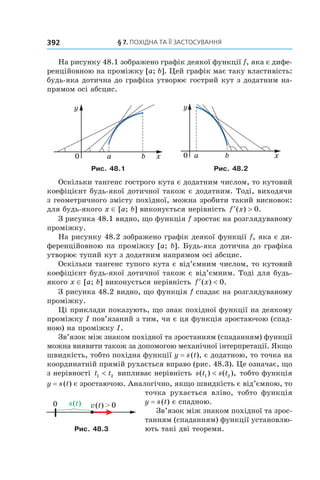 §	7.	пОхіДна	та	її	застОсування392
На рисунку 48.1 зображено графік деякої функції f, яка є дифе-
ренційовною на проміжку [a; b]. Цей графік має таку властивість:
будь-яка дотична до графіка утворює гострий кут з додатним на-
прямом осі абсцис.
Рис. 48.1 Рис. 48.2
Оскільки тангенс гострого кута є додатним числом, то кутовий
коефіцієнт будь-якої дотичної також є додатним. Тоді, виходячи
з геометричного змісту похідної, можна зробити такий висновок:
для будь-якого x ∈ [a; b] виконується нерівність ′ >f x( ) .0
З рисунка 48.1 видно, що функція f зростає на розглядуваному
проміжку.
На рисунку 48.2 зображено графік деякої функції f, яка є ди-
ференційовною на проміжку [a; b]. Будь-яка дотична до графіка
утворює тупий кут з додатним напрямом осі абсцис.
Оскільки тангенс тупого кута є від’ємним числом, то кутовий
коефіцієнт будь-якої дотичної також є від’ємним. Тоді для будь-
якого x ∈ [a; b] виконується нерівність ′ <f x( ) .0
З рисунка 48.2 видно, що функція f спадає на розглядуваному
проміжку.
Ці приклади показують, що знак похідної функції на деякому
проміжку I пов’язаний з тим, чи є ця функція зростаючою (спад-
ною) на проміжку I.
Зв’язок між знаком похідної та зростанням (спаданням) функції
можна виявити також за допомогою механічної інтерпретації. Якщо
швидкість, тобто похідна функції y = s(t), є додатною, то точка на
координатній прямій рухається вправо (рис. 48.3). Це означає, що
з нерівності t t1 2< випливає нерівність s t s t( ) ( ),1 2< тобто функція
y = s(t) є зростаючою. Аналогічно, якщо швидкість є від’ємною, то
точка рухається вліво, тобто функція
y = s(t) є спадною.
Зв’язок між знаком похідної та зрос-
танням (спаданням) функції установлю-
ють такі дві теореми.Рис. 48.3
 