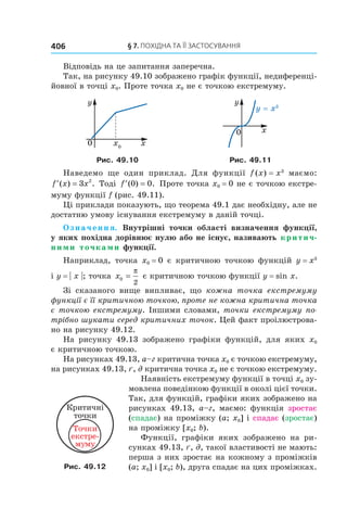 §	7.	пОхіДна	та	її	застОсування406
Відповідь на це запитання заперечна.
Так, на рисунку 49.10 зображено графік функції, недиференці-
йовної в точці x0. Проте точка x0 не є точкою екстремуму.
Рис. 49.10 Рис. 49.11
Наведемо ще один приклад. Для функції f (x) = x3
маємо:
′ =f x x( ) .3 2
Тоді ′ =f ( ) .0 0 Проте точка x0 = 0 не є точкою екстре-
муму функції f (рис. 49.11).
Ці приклади показують, що теорема 49.1 дає необхідну, але не
достатню умову існування екстремуму в даній точці.
Означення. Внутрішні точки області визначення функції,
у яких похідна дорівнює нулю або не існує, називають критич-
ними точками функції.
Наприклад, точка x0 = 0 є критичною точкою функцій y = x3
і y = | x |; точка x0
2
=
π
є критичною точкою функції y = sin x.
Зі сказаного вище випливає, що кожна точка екстремуму
функції є її критичною точкою, проте не кожна критична точка
є точкою екстремуму. Іншими словами, точки екстремуму по-
трібно шукати серед критичних точок. Цей факт проілюстрова-
но на рисунку 49.12.
На рисунку 49.13 зображено графіки функцій, для яких x0
є критичною точкою.
На рисунках 49.13, а–г критична точка x0 є точкою екстремуму,
на рисунках 49.13, ґ, д критична точка x0 не є точкою екстремуму.
Наявність екстремуму функції в точці x0 зу-
мовлена поведінкою функції в околі цієї точки.
Так, для функцій, графіки яких зображено на
рисунках 49.13, а–г, маємо: функція зростає
(спадає) на проміжку (a; x0] і спадає (зростає)
на проміжку [x0; b).
Функції, графіки яких зображено на ри-
сунках 49.13, ґ, д, такої властивості не мають:
перша з них зростає на кожному з проміжків
(a; x0] і [x0; b), друга спадає на цих проміжках.Рис. 49.12
 