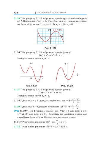 §	7.	пОхіДна	та	її	застОсування434
51.25.••
На рисунку 51.20 зображено графік другої похідної функ-
ції f. Відомо, що ′ =f x( ) .0 0 З’ясуйте, чи є x0 точкою екстрему-
му функції f, якщо: 1) x0 1= − ; 2) x0 1= ; 3) x0 0= .
Рис. 51.20
51.26.••
На рисунку 51.21 зображено графік функції
f x x ax bx c( ) .= + + +4 2
Знайдіть знаки чисел a, b і c.
Рис. 51.21 Рис. 51.22
51.27.••
На рисунку 51.22 зображено графік функції
f x x ax bx c( ) .= + + +3 2
Знайдіть знаки чисел a, b і c.
51.28.••
Для всіх x ∈» доведіть нерівність cos .x
x x
m1
2 4
2 24
− +
51.29.••
Для всіх x l 0 доведіть нерівність 1 1
2 8
2
+ + −x
x x
l .
51.30.••
Про функцію f відомо, що ′′ >f x( ) 0 для всіх x ∈»
( ( )′′ <f x 0 для всіх x ∈»). Доведіть, що довільна пряма має
з графіком функції f не більше двох спільних точок.
51.31.••
Розв’яжіть рівняння 2 12
2
x x
x
+ = +cos .
π
51.32.••
Розв’яжіть рівняння 1 2 3 14
+ = + +x x x .
 