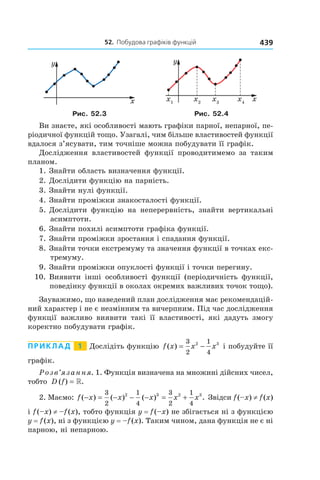 52.		побудова	графіків	функцій 439
Рис. 52.3 Рис. 52.4
Ви знаєте, які особливості мають графіки парної, непарної, пе-
ріодичної функцій тощо. Узагалі, чим більше властивостей функції
вдалося з’ясувати, тим точніше можна побудувати її графік.
Дослідження властивостей функції проводитимемо за таким
планом.
1. Знайти область визначення функції.
2. Дослідити функцію на парність.
3. Знайти нулі функції.
4. Знайти проміжки знакосталості функції.
5. Дослідити функцію на неперервність, знайти вертикальні
асимптоти.
6. Знайти похилі асимптоти графіка функції.
7. Знайти проміжки зростання і спадання функції.
8. Знайти точки екстремуму та значення функції в точках екс-
тремуму.
9. Знайти проміжки опуклості функції і точки перегину.
10. Виявити інші особливості функції (періодичність функції,
поведінку функції в околах окремих важливих точок тощо).
Зауважимо, що наведений план дослідження має рекомендацій-
ний характер і не є незмінним та вичерпним. Під час дослідження
функції важливо виявити такі її властивості, які дадуть змогу
коректно побудувати графік.
Приклад 1 Дослідіть функцію f x x x( ) = −
3
2
1
4
2 3
і побудуйте її
графік.
Розв’язання. 1. Функція визначена на множині дійсних чисел,
тобто D f( ) .= »
2. Маємо: f x x x x x( ) ( ) ( ) .− = − − − = +
3
2
1
4
3
2
1
4
2 3 2 3
Звідси f(–x) ≠ f(x)
і f(–x) ≠ –f(x), тобто функція y = f(–x) не збігається ні з функцією
y = f(x), ні з функцією y = –f(x). Таким чином, дана функція не є ні
парною, ні непарною.
 