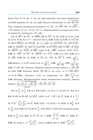Відповіді та вказівки до вправ 451
фігур. Тоді X S S= +с з, Y S S= +ж з. Далі врахуйте, що площа прямокутни-
ка OABC дорівнює S S Sс ж з+ + . 4.41. Вказівка. Позначимо A a b c= + + 43
.
Тоді, очевидно, виконуються нерівності A al , A b bl 3 6
= , A c cl 43 24
= .
A c cl 43 24
= . Звідси A a2
l , A b6
l , A c24
l . Перемноживши почленно три остан-
ні нерівності, отримуємо: A abc32
l .
5.7. 2) b730
; 3) x23
; 4) 12812
. 5.8. 3) x56
; 4) a3
. 5.15. 1) a m0, b m0;
2) al0, b m0; 3) a і b — довільні числа. 5.16. 2) [3; 7]. 5.19. 1) m m2 4
− ;
2) 2 24 4 24
m n m n; 3) a b b2 3 4
; 4) x y yæ 6
; 5) a b a b3 3 3 34
; 6) − −a b ab3 6 28
.
5.20. 1) −2 2 24
a a ; 2) − −5 4
a a; 3) ab ab6
; 4) a b a b3 3 26
. 5.21. 1) 2 44
a ; 2) mn4
;
3) − 6 3 46
a b ; 4) − a b5 64
; 5) 6 66
b , якщо bl0, − 6 66
b , якщо b < 0; 6) − −a76
.
5.22. 1) − 3 88
c ; 2) a76
; 3) − 3 4 38
a b ; 4) − −a74
. 5.24. 1) 1; 2) 2. 5.25. 1) 1;
2) 23. 5.28. [3; 5]. 5.30. 1) x6
; 2) − a4
; 3) a26
1− . 5.34.
1
2 132
−
.
5.35. Якщо a = 1, то 26
; якщо a ≠1, то
a
a
−
−
1
164
. 5.36.
1
3 215 15
−
. 5.37.
5
3 217 17
+
.
5.38. x x3
9 12− − . Вказівка. Піднесіть обидві частини рівності x = +3 93 3
до куба. 5.39. Вказівка. Якщо 2 53 3
+ = x, де x ∈», то x3 3 3
3
2 5= +( ) ;
x x3 3
7 3 10= + æ . Оскільки x ≠ 0, то отримуємо, що 103
3
7
3
= ∈
−x
x
».
5.40. Вказівка. Використовуючи метод математичної індукції, доведіть
рівність 2 2 2 6 2 3 2 32 2
+ + + + = + + −…
n
n n
радикалів
.
6.1. 2)
5
3
; 4)
1
2
. 6.2. 4) 4. 6.3. 2) [3; +×); 3) ( ; ) ( ; ).− − +× ×Ÿ1 7 6.5. 4) 4.
6.6. 2) 49; 4) 32. 6.7. 2) a8
8
( ) . 6.11. 1) a0,5
 – 2b0,5
; 6) 3
1
5
. 6.12. 2) 1 1
2
+
b
a
;
3) x y
x y
x y
2 5 2 5
0 5 0 5
0 5 0 5
, ,
, ,
, ,
;æ
−
+
6) 2
1
2
. 6.13. 1) [2; +×); 2) (2; +×). 6.15. 1) 12
4
9
; 2) 2;
3)
2
15
; 4) 3. 6.16. 1) 7; 2) 10; 3)
1
4
; 4) 21. 6.17. 1) 125; 2) 6; 3) коренів немає.
6.18. 1)
1
9
; 3) 5. 6.21. 1) a b
1
3
1
3
+ ; 2) –1. 6.22.
x y
x y
1
4
1
4
1
4
1
4
+
−
. 6.23. 277
. 6.24. 2 7−
.
6.26. 24, якщо a = 1;
a a
a
7 4 0 2
0 3
1
, ,
,
,
−
−
якщо a ∈ +[ ; ) ( ; ).0 1 1Ÿ × 6.27.
b b
b
12 8 3 3
0 1
1
, ,
,
.
+
+
 