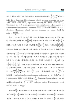 Відповіді та вказівки до вправ 453
зівка. Нехай 2− =x y. Тоді можна отримати систему
2
2
− =
− =




x y
y x
,
.
8.20. 2.
8.21. 1) 4. Вказівка. Помноживши обидві частини рівняння на вираз
2 3 5 2 3 52 2
x x x x+ + − − + , отримаємо: 6 3 2 3 5 2 3 52 2
x x x x x x= + + − − +( ).
Зазначимо, що x = 0 не є коренем початкового рівняння. Далі додамо по-
членно початкове рівняння і рівняння 2 3 5 2 3 5 22 2
x x x x+ + − − + = ; 2) –1.
Вказівка. Помножте обидві частини рівняння на вираз x + −1 1.
8.22. 1)
7 13
6
+
; 2) 2.
9.2. 1) [3; 5]; 2) [0; +×); 3) ( ; ] [ ; );− −× Ÿ1 0 1 4) (4; +×); 5) [–8; –4];
6) ( ; ) [ ; ).− − +× ×Ÿ1 2 9.3. 1)
2
3
4; ;



 2) ( ; ] [ ; );− − +× ×Ÿ4 1 3) ∅. 9.4. 1) 3
24
5
; ;




2) [1; +×); 3) [0; 3]; 4) [ ; ) ( , ; ];−1 0 0 6 1Ÿ 5)
2
3
; ;+



× 6) [1; 6]. 9.5. 1) 2 4 5
2
9
; ( ; );



 +Ÿ ×
2 4 5
2
9
; ( ; );



 +Ÿ × 2) (3; +×); 3) [ ; , ] [ ; ];− −2 1 6 0 2Ÿ 4) ∅. 9.6. 1) (–×; 1); 2) [–7; 2];
3) (–×; –1]; 4)
8
3
; ;+



× 5) ( ; ] ( ; );− − +× ×Ÿ2 2 6) (3; 5]. 9.7. 1) [–2; 2); 2) [–7; 1);
3) (–×; –3]; 4) ( ; ] [ ; ).− − +× ×Ÿ5 1 9.8. 1) 4; 2) [ ; ] [ ; );− +2 4 5Ÿ × 3) –2; 2.
9.9. 1) [3; 12]; 2) { , } [ ; );− +2 1 3Ÿ × 3) [ ; ] [ ; ].− −4 3 3 4Ÿ 9.10. 1)
1
2
2 5; ( ; );



 +Ÿ ×
2) −








1
2
1
2
0 0; ; ;Ÿ 3) [ ; ] { };−4 1 2Ÿ 4) ( ; ] [ ; ) ( ; ).− − +× ×Ÿ Ÿ1 4 6 8 9.11.1) ( ; );− +1 ×
2) [ ; ) ( ; );− +20 0 5Ÿ × 3) { } [ ; ];−4 2 3Ÿ 4) [–7; –5). 9.12. 1) ( ; );1 +×
2) − −









1 1
15
4
15
4
; ; ;Ÿ 3)
2 21
3
; .+



× 9.13. 1) [ ; );6 +× 2)
16
5
4; .




9.14. [ ; ).1 +× Вказівка. Скористайтеся тим, що функція y x x x= + + + +3 633
є зростаючою. 9.15. [–2; 2). 9.16. a =
7
40
. Вказівка. Скористайтеся тим, що
графіком функції y x a= − +1 2 2
( ) є півколо радіуса 1 із центром у точці
A (–2a; 0). 9.17. a =
7
20
.
10.3. 2)
9
2
π
. 10.10. 1) (0; –1); 3) (0; 1); 6) (1; 0). 10.11. 2) (–1; 0); 5) (–1; 0).
10.12. 3)
3
2
π
; −
π
2
; 4) 2p; –2p. 10.13. б) − + ∈
π
π
4
2 k k, .» 10.14. б)
7
15
2
π
π+ ∈k k, .»
10.15. 1) (0; –1); 2) (0; 1), (0; –1); 3) (1; 0), (–1; 0). 10.17. 1)
π
π
2
2+ ∈k k, ;»
 