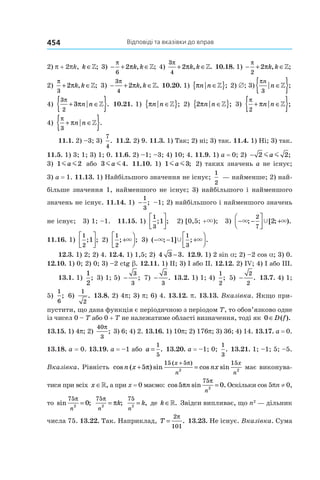 Відповіді та вказівки до вправ454
2) p + 2pk, k ∈»; 3) − + ∈
π
π
6
2 k k, ;» 4)
3
4
2
π
π+ ∈k k, .» 10.18. 1) − + ∈
π
π
2
2 k k, ;»
2)
π
π
3
2+ ∈k k, ;» 3) − + ∈
3
4
2
π
πk k, .» 10.20. 1) πn n| ;∈{ }» 2) ∅; 3)
πn
n
3
| ;∈{ }»
4) 
3
2
3
π
π+ ∈{ }n n| .» 10.21. 1)  πn n| ;∈{ }» 2)  2πn n| ;∈{ }» 3) 
π
π
2
+ ∈{ }n n| ;»
4) 
π
π
3
+ ∈{ }n n| .»
11.1. 2) –3; 3)
7
4
. 11.2. 2) 9. 11.3. 1) Так; 2) ні; 3) так. 11.4. 1) Ні; 3) так.
11.5. 1) 3; 1; 3) 1; 0. 11.6. 2) –1; –3; 4) 10; 4. 11.9. 1) a = 0; 2) − 2 2m ma ;
3) 1 2m ma або 3 4m ma . 11.10. 1) 1 3m ma ; 2) таких значень a не існує;
3) a = 1. 11.13. 1) Найбільшого значення не існує;
1
2
— найменше; 2) най-
більше значення 1, найменшого не існує; 3) найбільшого і найменшого
значень не існує. 11.14. 1) −
1
3
; –1; 2) найбільшого і найменшого значень
не існує; 3) 1; –1. 11.15. 1)
1
3
1; ;



 2) [0,5; +×); 3) − −



 +× ×Ÿ; [ ; ).
2
7
2
11.16. 1)
1
2
1; ;



 2)
1
2
; ;+



× 3) ( ; ] ; .− − +



× ×Ÿ1
1
3
12.3. 1) 2; 2) 4. 12.4. 1) 1,5; 2) 4 3 3− . 12.9. 1) 2 sin a; 2) –2 cos a; 3) 0.
12.10. 1) 0; 2) 0; 3) –2 ctg b. 12.11. 1) ІІ; 3) I або ІІ. 12.12. 2) IV; 4) I або ІІІ.
13.1. 1)
1
2
; 3) 1; 5) −
3
3
; 7) −
3
3
. 13.2. 1) 1; 4)
1
2
; 5) −
2
2
. 13.7. 4) 1;
5) 
1
6
; 6) 
1
2
. 13.8. 2) 4p; 3) p; 6) 4. 13.12. p. 13.13. Вказівка. Якщо при-
пустити, що дана функція є періодичною з періодом T, то обов’язково одне
із чисел 0 – T або 0 + T не належатиме області визначення, тоді як 0 ∈D f( ).
13.15. 1) 4p; 2) 
40
3
π
; 3) 6; 4) 2. 13.16. 1) 10p; 2) 176p; 3) 36; 4) 14. 13.17. a = 0.
13.18. a = 0. 13.19. a = –1 або a =
1
5
. 13.20. a = –1; 0;
1
3
. 13.21. 1; –1; 5; –5.
Вказівка. Рівність cos ( ) sin cos sin
( )
n x nx
x
n
x
n
+ =
+
5
15 5 15
2 2
π
π
має виконува-
тися при всіх x ∈», а при x = 0 маємо: cos sin .5 0
75
2
π
π
n
n
= Оскільки cos 5pn ≠ 0,
то sin ;
75
2
0
π
n
=
75
2
π
π
n
k= ;
75
2
n
k= , де k ∈». Звідси випливає, що n2
— дільник
числа 75. 13.22. Так. Наприклад, T =
2
101
π
. 13.23. Не існує. Вказівка. Сума
 