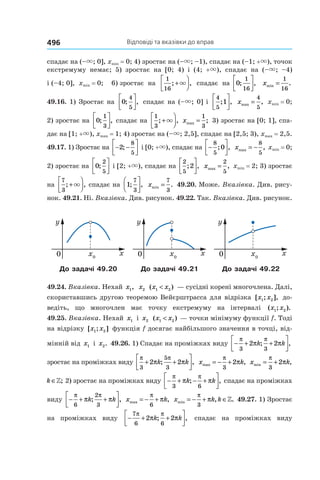 Відповіді та вказівки до вправ496
спадає на (–×; 0], xmin = 0; 4) зростає на (–×; –1), спадає на (–1; +×), точок
екстремуму немає; 5) зростає на [0; 4) і (4; +×), спадає на (–×; –4)
і (–4; 0], xmin = 0; 6) зростає на
1
16
; ,+



× спадає на 0
1
16
; ,



 xmin .=
1
16
49.16. 1) Зростає на 0
4
5
; ,



 спадає на (–×; 0] і
4
5
1; ,



 xmax ,=
4
5
xmin = 0;
2) зростає на 0
1
3
; ,



 спадає на
1
3
; ,+



× xmax ;=
1
3
3) зростає на [0; 1], спа-
дає на [1; +×), xmax = 1; 4) зростає на (–×; 2,5], спадає на [2,5; 3), xmax = 2,5.
49.17. 1) Зростає на − −



2
8
5
; і [0; +×), спадає на −




8
5
0; , xmax ,= −
8
5
xmin = 0;
2) зростає на 0
2
5
;



 і [2; +×), спадає на
2
5
2; ,



 xmax ,=
2
5
xmin = 2; 3) зростає
на
7
3
; ,+



× спадає на 1
7
3
; ,



 xmin .=
7
3
49.20. Може. Вказівка. Див. рису-
нок. 49.21. Ні. Вказівка. Див. рисунок. 49.22. Так. Вказівка. Див. рисунок.
До задачі 49.20 До задачі 49.21 До задачі 49.22
49.24. Вказівка. Нехай x1, x2 ( )x x1 2< — сусідні корені многочлена. Далі,
скориставшись другою теоремою Вейєрштрасса для відрізка [ ; ],x x1 2 до-
ведіть, що многочлен має точку екстремуму на інтервалі ( ; ).x x1 2
49.25. Вказівка. Нехай x1 і x2 ( )x x1 2< — точки мінімуму функції f. Тоді
на відрізку [ ; ]x x1 2 функція f досягає найбільшого значення в точці, від-
мінній від x1 і x2. 49.26. 1) Спадає на проміжках виду − + +




π π
π π
3 3
2 2k k; ,
зростає на проміжках виду
π π
π π
3
5
3
2 2+ +



k k; , x kmax ,= − +
π
π
3
2 x k kmin , ;= + ∈
π
π
3
2 »
x k kmin , ;= + ∈
π
π
3
2 » 2) зростає на проміжках виду − + − +




π π
π π
3 6
k k; , спадає на проміжках
виду − + +




π π
π π
6
2
3
k k; , x kmax ,= − +
π
π
6
x k kmin , .= − + ∈
π
π
3
» 49.27. 1) Зростає
на проміжках виду − + +




7
6 6
2 2
π π
π πk k; , спадає на проміжках виду
 