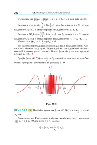§	6.	Границя	та	неперервність	функції290
Очевидно, що lim lim
n
n
n
na b
→ →
= =
× ×
0 і an ≠ 0, bn ≠ 0 для всіх n ∈».
Оскільки f a nn( ) sin= +



 =
π
π
2
2 1 для будь-якого n ∈», то по-
слідовність (f(an)) є стаціонарною послідовністю: 1, 1, 1, ... .
Оскільки f b nn( ) sin= +



 = −
3
2
2 1
π
π для будь-якого n ∈», то по-
слідовність (f(bn)) є стаціонарною послідовністю: –1, –1, –1, ... .
Маємо: lim ( ) ,
n
nf a
→
=
×
1 lim ( ) .
n
nf b
→
= −
×
1
Ми навели приклад двох збіжних до нуля послідовностей, чле-
ни яких відмінні від нуля. Відповідні їм послідовності значень
функції f мають різні границі. Отже, функція f не має границі
в точці x0 = 0. ◄
Графік функції f x
x
( ) sin ,=
1
побудований за допомогою комп’ю-
терної програми, зображено на рисунку 37.9.
Рис. 37.9
Приклад 5 Знайдіть границю функції f x x
x
( ) sin=
1
у точці
x0 0= .
Розв’язання. Розглянемо довільну послідовність (xn) таку, що
lim
n
nx
→
=
×
0 і xn ≠ 0 для всіх n ∈». Маємо:
− x x xn n
n
n
x
m msin .
1
 