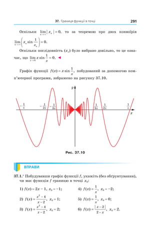 37.		Границя	функції	в	точці 291
Оскільки lim ,
n
nx
→
=
×
0 то за теоремою про двох конвоїрів
lim sin .
n
n
n
x
x→



 =
×
1
0
Оскільки послідовність (xn) було вибрано довільно, то це озна-
чає, що lim sin .
x
x
x→
=
0
1
0 ◄
Графік функції f x x
x
( ) sin ,=
1
побудований за допомогою ком-
п’ютерної програми, зображено на рисунку 37.10.
Рис. 37.10
ВПРАВИ
37.1.° Побудувавши графік функції f, укажіть (без обґрунтування),
чи має функція f границю в точці x0:
1) f(x) = 2x – 1, x0 = –1; 4) f x
x
( ) ,=
1
x0 = –2;
2) f x
x
x
( ) ,=
−
−
2
4
2
x0 = 1; 5) f x
x
( ) ,=
1
x0 = 0;
3) f x
x
x
( ) ,=
−
−
2
4
2
x0 = 2; 6) f x
x
x
( ) ,=
−
−
2
2
x0 = 2.
 
