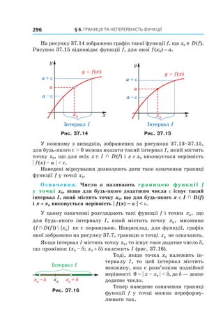 §	6.	Границя	та	неперервність	функції296
На рисунку 37.14 зображено графік такої функції f, що x0 ∉ D(f).
Рисунок 37.15 відповідає функції f, для якої f(x0) = a.
Рис. 37.14 Рис. 37.15
У кожному з випадків, зображених на рисунках 37.13–37.15,
для будь-якого e > 0 можна вказати такий інтервал I, який містить
точку x0, що для всіх x ∈ I   D(f) і x ≠ x0 виконується нерівність
| f(x) – a | < e.
Наведені міркування дозволяють дати таке означення границі
функції f у точці x0.
О з н а ч е н н я. Число a називають г р а н и ц е ю ф у н к ц і ї f
у точці x0, якщо для будь-якого додатного числа e існує такий
інтервал I, який містить точку x0, що для будь-якого x ∈ I   D (f)
і x ≠ x0 виконується нерівність | f (x) – a | < e.
У цьому означенні розглядають такі функції f і точки x0, що
для будь-якого інтервалу I, який містить точку x0, множина
( ( ))  { }I D f x  0 не є порожньою. Наприклад, для функції, графік
якої зображено на рисунку 37.7, границю в точці x0 не означають.
Якщо інтервал I містить точку x0, то існує таке додатне число d,
що проміжок (x0 – d; x0 + d) належить I (рис. 37.16).
Тоді, якщо точка x0 належить ін-
тервалу I, то цей інтервал містить
множину, яка є розв’язком подвійної
нерівності 0 < | x – x0 | < d, де d — деяке
додатне число.
Тепер наведене означення границі
функції f у точці можна переформу-
лювати так.
Рис. 37.16
 