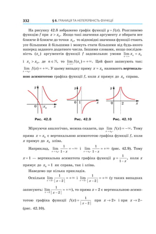 § 6. Границя Та неПерервнісТь функції332
На рисунку 42.8 зображено графік функції y = f (x). Розглянемо 
функцію f при x x> 0.  Якщо такі значення аргументу x обирати все 
ближче й ближче до точки x0,  то відповідні значення функції стають 
усе більшими й більшими і можуть стати більшими від будь-якого 
наперед заданого додатного числа. Іншими словами, якщо послідов-
ність  ( )xn   аргументів  функції  f  задовольняє  умови  lim
x
nx x
→ ∞
= 0  
і  x xn > 0,  де  n ∈»,   то  lim ( ) .
x
nf x
→ ∞
= +×   Цей  факт  записують  так: 
lim ( ) .
x x
f x
→ +
= +
0
×  У цьому випадку пряму x x= 0  називають вертикаль-
ною асимптотою графіка функції f, коли x прямує до  x0  справа.
Рис. 42.8 Рис. 42.9 Рис. 42.10
Міркуючи аналогічно, можна сказати, що  lim ( ) .
x x
f x
→ −
= −
0
×  Тому 
пряма  x x= 0  є вертикальною асимптотою графіка функції f, коли 
x прямує до  x0  зліва.
Наприклад,  lim
x x x→ + −
= −
0
1
1
× і  lim
x x x→ − −
= +
0
1
1
× (рис. 42.9). Тому 
x = 1 — вертикальна асимптота графіка функції  y
x
=
−
1
1
, коли x 
прямує до  x0 1=  як справа, так і зліва.
Наведемо ще кілька прикладів.
Оскільки  lim
x x→ − −
= +
2
1
2
× і  lim
x x→ + −
= +
2
1
2
× (у таких випадках 
записують: lim ),
x x→ −
= +
2
1
2
×  то пряма x = 2 є вертикальною асимп-
тотою  графіка  функції  f x
x
( ) =
−
1
2
  при  x → +2   і при  x → −2  
(рис. 42.10).
 