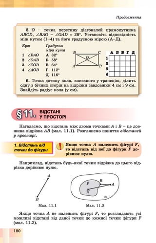 П р о д о в ж е н н я
5. О - точка перетину діагоналей прямокутника
АВСЛ, ZBAO - ZOAD = 26°. Установіть відповідність
між кутом (1-4) та його градусною мірою (А -Д ).
Кут Градусна
міра кута _
1 ZBAO А 32°
2 ZOAD Б 58°
3 ZCOD В 64° л
С А В В Г Д
Ж
1
п а
4 ZAOD Г 112° " ~ ®
Д 116° *
6. Точка дотику кола, вписаного у трапецію, ділить
одну з бічних сторін на відрізки завдовжки 4 см і 9 см.
Знайдіть радіус кола (у см).
ВІДСТАНІ
У ПРОСТОРІ
Нагадаємо, що відстань між двома точками А і В - це дов­
жина відрізка АВ (мал. 11.1). Розглянемо поняття відстаней
у просторі.
1. Відстань від / в Якщо точка А належить фігурі Р,
точки до фігури • то відстань від неї до фігури Р до-
рівнює нулю.
Наприклад, відстань будь-якої точки відрізка до цього від­
різка дорівнює нулю.
Мал. 11.1
Якщо точка А не належить фігурі F, то розглядають усі
можливі відстані від даної точки до кожної точки фігури F
(мал. 11.2).
180
 