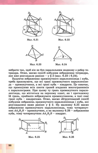 Мал. 6.21 Мал. 6.22
В
В
А С
В А С
Мал. 6.23 Мал. 6.24
вибрати так, щоб він не був паралельним жодному з ребер те­
траедра. Отже, маємо спосіб побудови зображення тетраедра,
яке вже розглядали раніше - у § 2 (мал. 6.23 і 6.24).
Будуючи зображення прямокутного паралелепіпеда і куба,
треба враховувати, що всі грані прямокутного паралелепіпе­
да - прямокутники, а всі грані куба - квадрати. Це означає,
що проекціями всіх шести граней згаданих многогранників
є паралелограми. При цьому ту грань прямокутного парале­
лепіпеда, що міститься на першому плані, як і протилежну
їй грань, прийнято зображувати прямокутником, а такі самі
грані куба - квадратами. Отже, маємо обґрунтований спосіб
побудови зображень прямокутного паралелепіпеда і куба, які
розглядалися нами раніше у § 2. На малюнку 6.25 маємо
зображення прямокутного паралелепіпеда, тому чотирикут­
ник А А ^ іВ - прямокутник, а на малюнку 6.26 - зображення
куба, тому чотирикутник А А 1В 1В - квадрат.
Мал. 6.25 Мал. 6.26
96
 