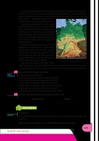 129
Stunde 62 Land und Leute
In der Bundesrepublik Deutschland leben 82,8 Millionen Einwohner,
davon 42 Millionen Frauen und 40 Millionen Männer. In Deutschland
leben Millionen Ausländer. Die größte Mehrzahl der Menschen lebt in
den Städten. Bevölkerungsdichte ist
230 Menschen je Quadratkilometer.
Deutschland gliedert sich in einige
Landschaftsteile, die wunderschön
und vielfältig sind. Dazu gehören das
Norddeutsche Tiefland, das deutsche
Mittelgebirge, das Alpenvorland und
auch ein schmales Alpenhochgebirge.
Der höchste Berg ist die Zugspitze
(2 962 Meter).
Im Norden gibt es zwei Meere: die
Nordsee und die Ostsee. Viele male-
rische Seen gibt es im Norden und im
Süden des Landes. Die größten sind
der Bodensee und der Königssee im
Süden, der Müritz und der Schweriner
See im Norden Deutschlands.
Die längsten Flüsse sind der Rhein
(865 Kilometer), die Elbe (700 Kilometer) und der Main (524 Kilometer).
Deutschland ist reich an Bodenschätzen, vor allem an Kohle und Eisen.
	 Beantworte die Fragen zum Text.
• Wo liegt Deutschland?
• An welche Staaten grenzt Deutschland?
• Wie groß ist das Staatsgebiet der BRD?
• Wie viele Einwohner hat Deutschland?
• Wie viele Ausländer leben in Deutschland?
• Welche Landschaftsteile hat das Land?
• Welche Seen und Flüsse gibt es in der BRD?
	 Notiere alle Eigennamen und Zahlen aus dem Text.
Eigennamen
. . . . . . . . . . . . . . . . . .
Zahlen
. . . . . . . . . . . . . . . . . .
Hausaufgabe
Vergleiche:
Die geografische Lage Deutschlands und die geografische Lage der
Ukraine.
Nimm den Text auf Seite 111 zu Hilfe. Mache dir kurze Notizen.
Deutschland geografisch
Fragen
beantworten
5
6
Schreiben
 