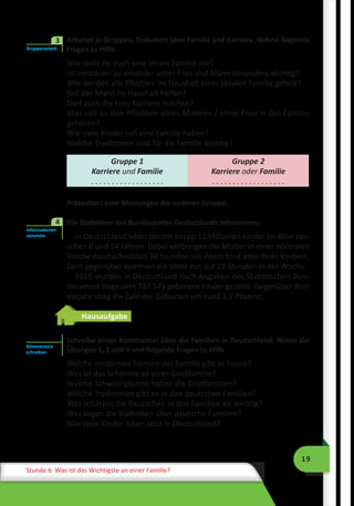 19
Stunde 6 Was ist das Wichtigste an einer Familie?
	 Arbeitet in Gruppen. Diskutiert über Familie und Karriere. Nehmt folgende
Fragen zu Hilfe.
Wie stellt ihr euch eine ideale Familie vor?
Ist Vertrauen zu einander unter Frau und Mann besonders wichtig?
Wie werden alle Pflichten im Haushalt einer idealen Familie geteilt?
Soll der Mann im Haushalt helfen?
Darf auch die Frau Karriere machen?
Was soll zu den Pflichten eines Mannes / einer Frau in der Familie
gehören?
Wie viele Kinder soll eine Familie haben?
Welche Traditionen sind für die Familie wichtig?
Gruppe 1
Karriere und Familie
. . . . . . . . . . . . . . . . . .
Gruppe 2
Karriere oder Familie
. . . . . . . . . . . . . . . . . .
Präsentiert eure Meinungen der anderen Gruppe.
	 Die Statistiken des Bundesamtes Deutschlands informieren:
In Deutschland leben derzeit knapp 11 Millionen Kinder im Alter zwi-
schen 0 und 14 Jahren. Dabei verbringen die Mütter in einer normalen
Woche durchschnittlich 36 Stunden mit ihrem Kind oder ihren Kindern.
Dem gegenüber kommen die Väter nur auf 23 Stunden in der Woche.
2015 wurden in Deutschland nach Angaben des Statistischen Bun-
desamtes insgesamt 737.575 geborene Kinder gezählt. Gegenüber dem
Vorjahr stieg die Zahl der Geburten um rund 3,2 Prozent.
Hausaufgabe
Schreibe einen Kommentar über die Familien in Deutschland. Nimm die
Übungen 1, 2 und 4 und folgende Fragen zu Hilfe.
Welche modernen Formen der Familie gibt es heute?
Was ist das Schönste an einer Großfamilie?
Welche Schwierigkeiten haben die Großfamilien?
Welche Traditionen gibt es in den deutschen Familien?
Was schätzen die Deutschen in den Familien als wichtig?
Was sagen die Statistiken über deutsche Familien?
Wie viele Kinder leben jetzt in Deutschland?
Gruppenarbeit
3
Informationen
sammeln
4
Kommentare
schreiben
 