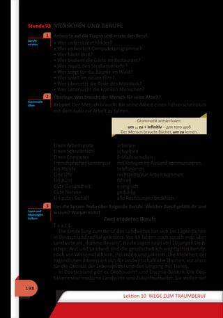 198
Lektion 10 WEGE ZUM TRAUMBERUF
Stunde 93 MENSCHEN UND BERUFE
	 Antworte auf die Fragen und errate den Beruf.
• Wer unterrichtet Kinder?
• Wer entwickelt Computerprogramme?
• Wer bäckt Brot?
• Wer bedient die Gäste im Restaurant?
• Wer regelt den Straßenverkehr?
• Wer sorgt für die Bäume im Wald?
• Wer spielt im neuen Film?
• Wer übersetzt die Rede des Ministers?
• Wer untersucht die kranken Menschen?
	 Überlege: Was braucht der Mensch für seine Arbeit?
Beispiel: Der Mensch braucht für seine Arbeit einen Führerschein, um
mit dem Auto zur Arbeit zu fahren.
Einen Arbeitsplatz	 arbeiten
Einen Schreibtisch	 schreiben
Einen Computer	 E-Mails schicken
Fremdsprachenkenntnisse	 mit Kollegen im Ausland kommunizieren
Ein Handy	 telefonieren
Eine Uhr	 rechtzeitig zur Arbeit kommen
Ein Auto	 fahren
Gute Gesundheit	 energisch
Gute Nerven	 geduldig
Ein gutes Gehalt	 alle Rechnungen bezahlen
	 Lies die kurzen Texte über folgende Berufe. Welcher Beruf gefällt dir und
warum? Warum nicht?
Zwei moderne Berufe
T e x t 1.
Die Einstellung zum Beruf des Landwirtes hat sich bei Jugendlichen
in Deutschland radikal geändert. Vor 15 Jahren noch sprach man über
Landwirte als „dumme Bauern“. Heute sagen neun von 10 jungen Deut-
schen: Arzt und Landwirt sind die gesellschaftlich wichtigsten Berufe,
noch vor Wissenschaftlern, Polizisten und Lehrern. Die Mehrheit der
Jugendlichen interessiert sich für landwirtschaftliche Themen, vor allem
für die Qualität der Lebensmittel und den Umgang mit Tieren.
In Deutschland gibt es Ökobauern* und Chemie-Bauern. Die Öko-
bauern sind moderne Landwirte und Zukunftsarbeiter. Sie stellen der
Berufe
erraten
1
Grammatik
üben
2
Grammatik wiederholen:
um … zu + Infinitiv – для того щоб
Der Mensch braucht Bücher, um zu lernen.
Lesen und
Meinungen
äußern
3
 