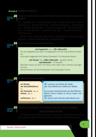 9
Stunde 2 Meine Familie
Stunde 2 MEINE FAMILIE
	 Merke dir die Wortfamilie „Familie“. Wähle zu jedem Substantiv ein passendes
Adjektiv.
Die … Familie, das … Familienmitglied, der …Familienkreis, der … Famili-
enname, die … Familienfeier, der … Familienausflug, das … Familienfoto,
der … Familienbetrieb, das … Familienwappen, die … Familienchronik,
die … Großfamilie, die … Arbeiterfamilie, der … Familienstand, das …
Familienrecht.
reiche, arme, deutsche, alte, kleine, kinderreiche, älteste, lustige,
bekannte, adlige, hundertjährige, mittelalterliche
	 Merke dir die Verben mit Präpositionen.
sich begeistern,-te,-t (für Akkusativ)
Für wen begeisterst du dich? Ich begeistere mich für meine ältere Schwes-
ter.
Und wofür begeistert dich deine Schwester? Für klassische Musik.
sich freuen,-te,-t (über Akkusativ – gestern, heute,
auf Akkusativ – in Zukunft )
Worüber freust du dich? Ich freue mich über mein schönes sonniges
Zimmer.
Worauf freuen sich die Schulkinder? Auf die großen Ferien.
	 Merke dir die neuen Vokabeln.
am Rande
der Geschäftsführer,
-s, -
der Haushalt, -es, -e
leisten, -te, -t
aufräumen, -te, -t
Wir wohnen am Rande der Stadt.
Der Geschäftsführer heißt Herr Müller.
In unserem Haushalt teilen wir alle Pflichten.
Meine Eltern haben in ihrem Leben viel
geleistet.
Ich räume mein Zimmer jede Woche auf.
	 Lies den Text und mache kurze Notizen über alle Familienmitglieder.
Meine fleißige Familie
Ich heiße Julia. Ich bin 15 Jahre alt und gehe in die 10. Klasse. Ich bin
Gymnasiastin: Seit 4 Jahren lerne ich am Iwan-Franko-Gymnasium.
Wortschatz
üben
1
Grammatik
üben
2
Wortschatz
üben
3
Lesen und
Schreiben
4
 