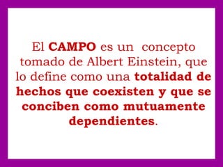 El CAMPO es un concepto
tomado de Albert Einstein, que
lo define como una totalidad de
hechos que coexisten y que se
conciben como mutuamente
dependientes.
 