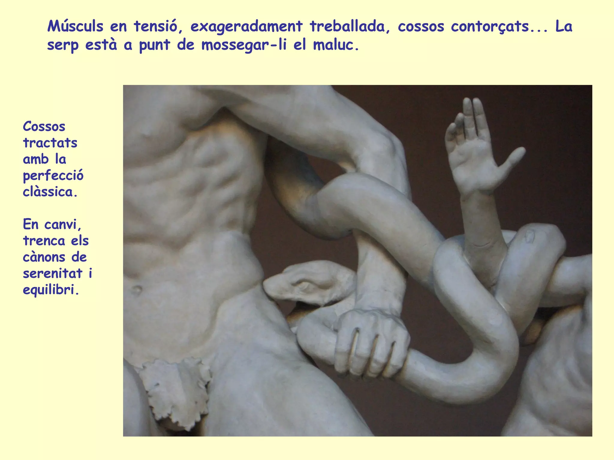 Músculs en tensió, exageradament treballada, cossos contorçats... La
   serp està a punt de mossegar-li el maluc.




Cossos
tractats
amb la
perfecció
clàssica.

En canvi,
trenca els
cànons de
serenitat i
equilibri.
 