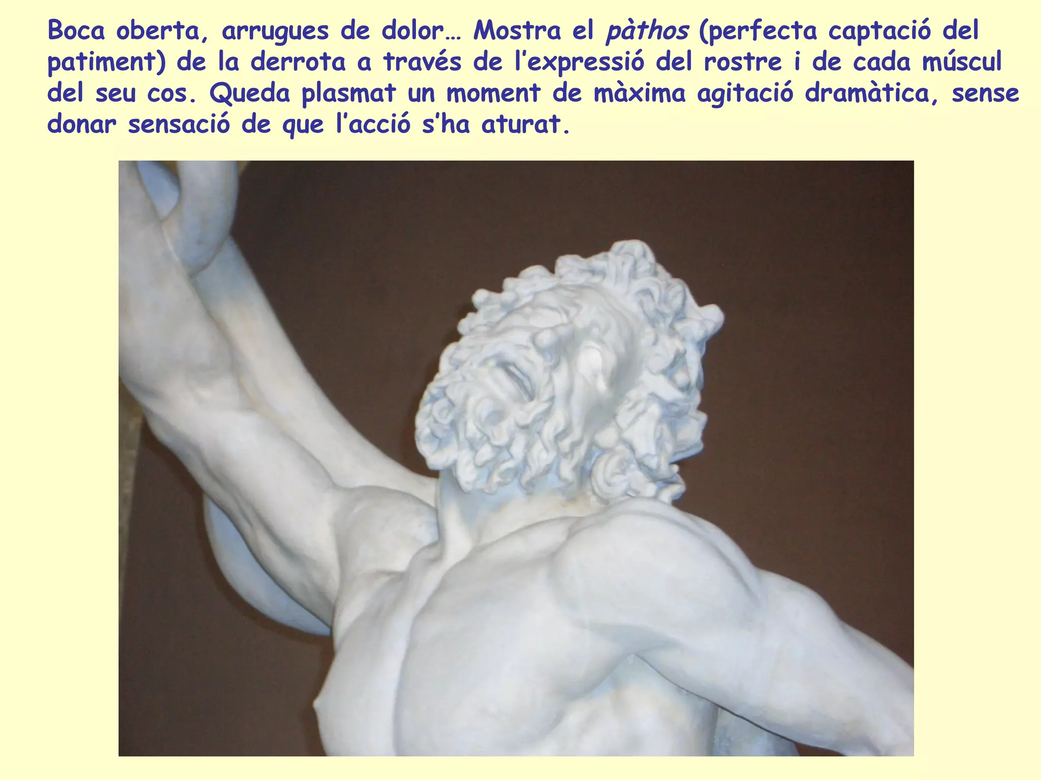 Boca oberta, arrugues de dolor… Mostra el pàthos (perfecta captació del
patiment) de la derrota a través de l’expressió del rostre i de cada múscul
del seu cos. Queda plasmat un moment de màxima agitació dramàtica, sense
donar sensació de que l’acció s’ha aturat.
 