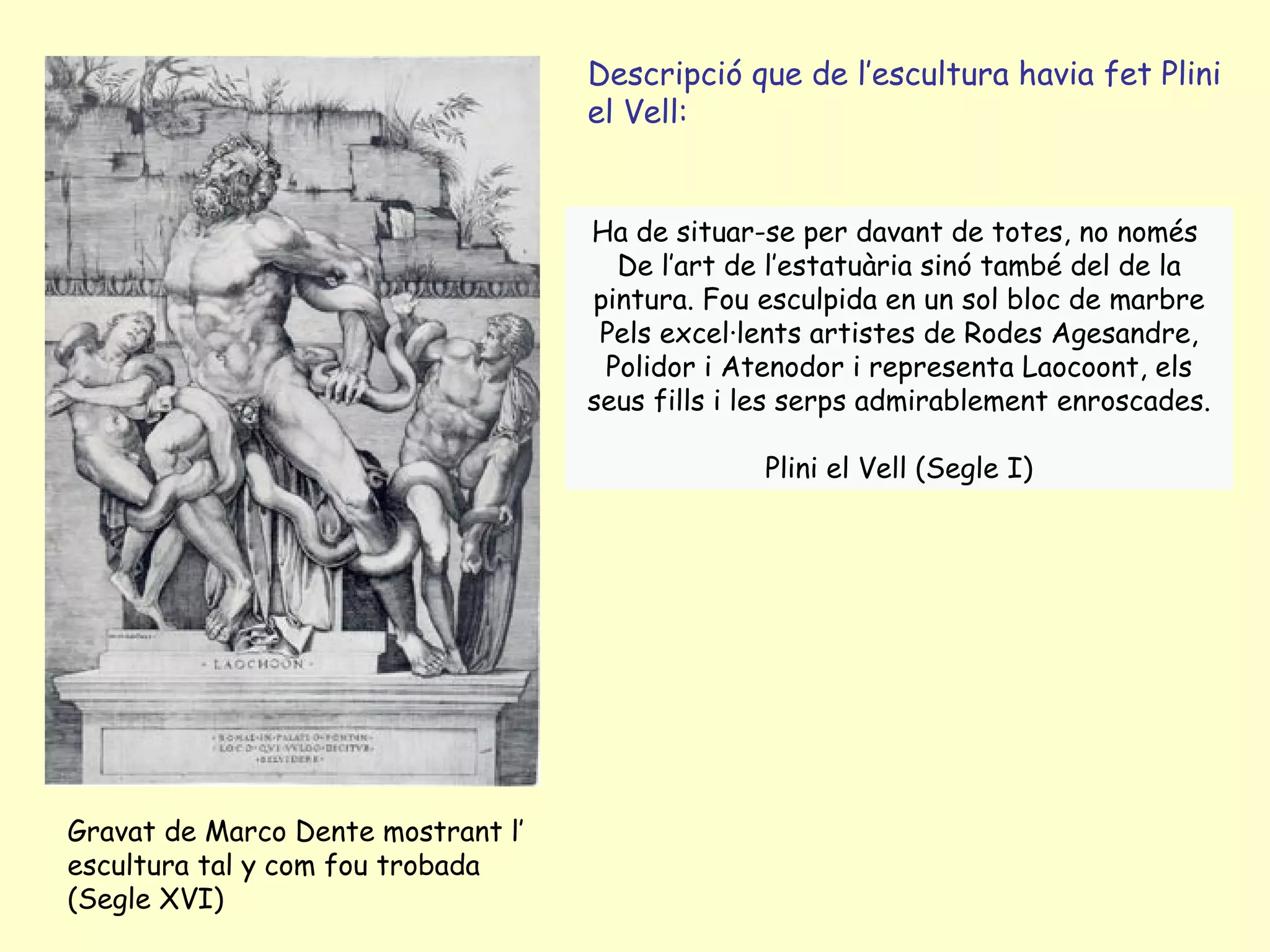 Descripció que de l’escultura havia fet Plini
                                    el Vell:


                                    Ha de situar-se per davant de totes, no només
                                      De l’art de l’estatuària sinó també del de la
                                    pintura. Fou esculpida en un sol bloc de marbre
                                     Pels excel·lents artistes de Rodes Agesandre,
                                     Polidor i Atenodor i representa Laocoont, els
                                    seus fills i les serps admirablement enroscades.

                                                 Plini el Vell (Segle I)




Gravat de Marco Dente mostrant l’
escultura tal y com fou trobada
(Segle XVI)
 