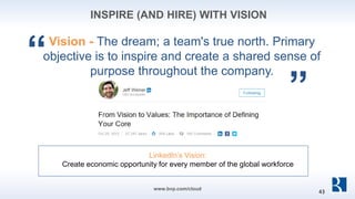 Vision - The dream; a team's true north. Primary
objective is to inspire and create a shared sense of
purpose throughout the company.
LinkedIn’s Vision:
Create economic opportunity for every member of the global workforce
“
”
www.bvp.com/cloud
INSPIRE (AND HIRE) WITH VISION
43
 