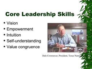 Core Leadership Skills <ul><li>Vision </li></ul><ul><li>Empowerment </li></ul><ul><li>Intuition </li></ul><ul><li>Self-und...