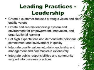 Leading Practices - Leadership <ul><li>Create a customer-focused strategic vision and clear quality values </li></ul><ul><...