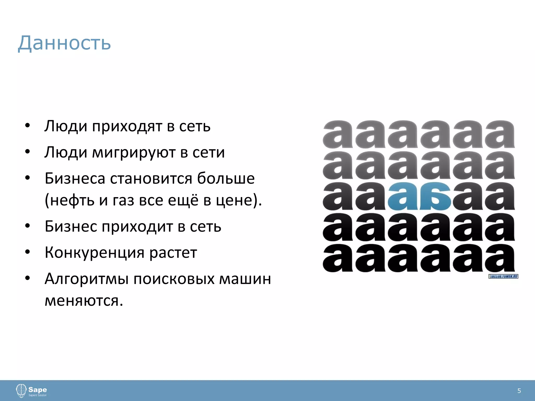 Данность Люди приходят в сеть Люди мигрируют в сети Бизнеса становится больше (нефть и газ все ещё в цене). Бизнес приходит в сеть Конкуренция растет Алгоритмы поисковых машин меняются. 5 