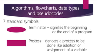 Algorithms, flowcharts, data types
and pseudocodes
7 standard symbols:
Terminator – signifies the beginning
or the end of a program
Process – denotes a process to be
done like addition or
assignment of a variable
 