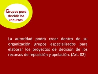 Grupos para
 decidir los
  recursos




 La autoridad podrá crear dentro de su
 organización grupos especializados para
 elaborar los proyectos de decisión de los
 recursos de reposición y apelación. (Art. 82)
 