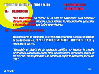 “Los Magistrados se retiran de la Sala de Audiencias para deliberar
durante máximo 60 minutos y para adoptar los lineamientos generales
y el sentido del fallo que habrá de proferirse.



Al reinstalarse la Audiencia, el Presidente informará sobre el resultado
de la deliberación,                                                   ,y
levantará la sesión.

“Cumplido el objeto de la audiencia pública, se levanta la sesión,
advirtiendo a las partes que el fallo se consignará por escrito dentro de
los diez (10) días siguientes y se notificará según lo dispuesto por el art.
203”.
 