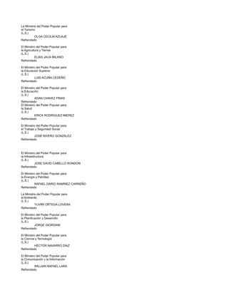 La Ministra del Poder Popular para
el Turismo
(L.S.)
          OLGA CECILIA AZUAJE
Refrendado

El Ministro del Poder Popular para
la Agricultura y Tierras
(L.S.)
           ELIAS JAUA MILANO.
Refrendado

El Ministro del Poder Popular para
la Educación Superior
(L.S.)
           LUIS ACUÑA CEDEÑO
Refrendado

El Ministro del Poder Popular para
la Educación
(L.S.)
           ADAN CHAVEZ FRIAS
Refrendado
El Ministro del Poder Popular para
la Salud
(L.S.)
           ERICK RODRÍGUEZ MIEREZ
Refrendado

El Ministro del Poder Popular para
el Trabajo y Seguridad Social
(L.S.)
           JOSÉ RIVERO GONZÁLEZ
Refrendado



El Ministro del Poder Popular para
la Infraestructura
(L.S.)
           JOSE DAVID CABELLO RONDON
Refrendado

El Ministro del Poder Popular para
la Energía y Petróleo
(L.S.)
           RAFAEL DARÍO RAMÍREZ CARREÑO
Refrendado

La Ministra del Poder Popular para
el Ambiente
(L.S.)
          YUVIRI ORTEGA LOVERA
Refrendado

El Ministro del Poder Popular para
la Planificación y Desarrollo
(L.S.)
           JORGE GIORDANI.
Refrendado

El Ministro del Poder Popular para
la Ciencia y Tecnología
(L.S.)
           HÉCTOR NAVARRO DÍAZ
Refrendado

El Ministro del Poder Popular para
la Comunicación y la Información
(L.S.)
           WILLIAN RAFAEL LARA
Refrendado
 