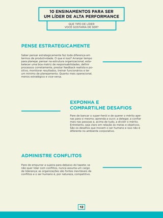 12
PENSE ESTRATEGICAMENTE
ADMINISTRE CONFLITOS
Saber pensar estrategicamente faz toda diferença em
termos de produtividade. O que é isso? Arranjar tempo
para planejar, pensar na estrutura organizacional, esta-
belecer uma boa matriz de responsabilidades, definir
processos corretamente, prestar feedback realista e po-
sitivo, monitorar resultados, treinar funcionários e ter
um mínimo de planejamento. Quanto mais operacional,
menos estratégico e vice-versa.
Pare de empurrar a sujeira para debaixo do tapete; se
não quer lidar com conflitos, nunca assuma um cargo
de liderança; as organizações são fontes inevitáveis de
conflitos e o ser humano é, por natureza, competitivo.
10 ENSINAMENTOS PARA SER
UM LÍDER DE ALTA PERFORMANCE
QUE TIPO DE LÍDER
VOCÊ GOSTARIA DE SER?
EXPONHA E
COMPARTILHE DESAFIOS
Pare de bancar o super-herói e de querer o mérito ape-
nas para si mesmo; aprenda a ouvir, a delegar, a confiar
mais nas pessoas e, acima de tudo, a dividir o mérito.
Entretanto, seja claro em relação às metas e objetivos.
São os desafios que movem o ser humano e isso não é
diferente no ambiente corporativo.
 