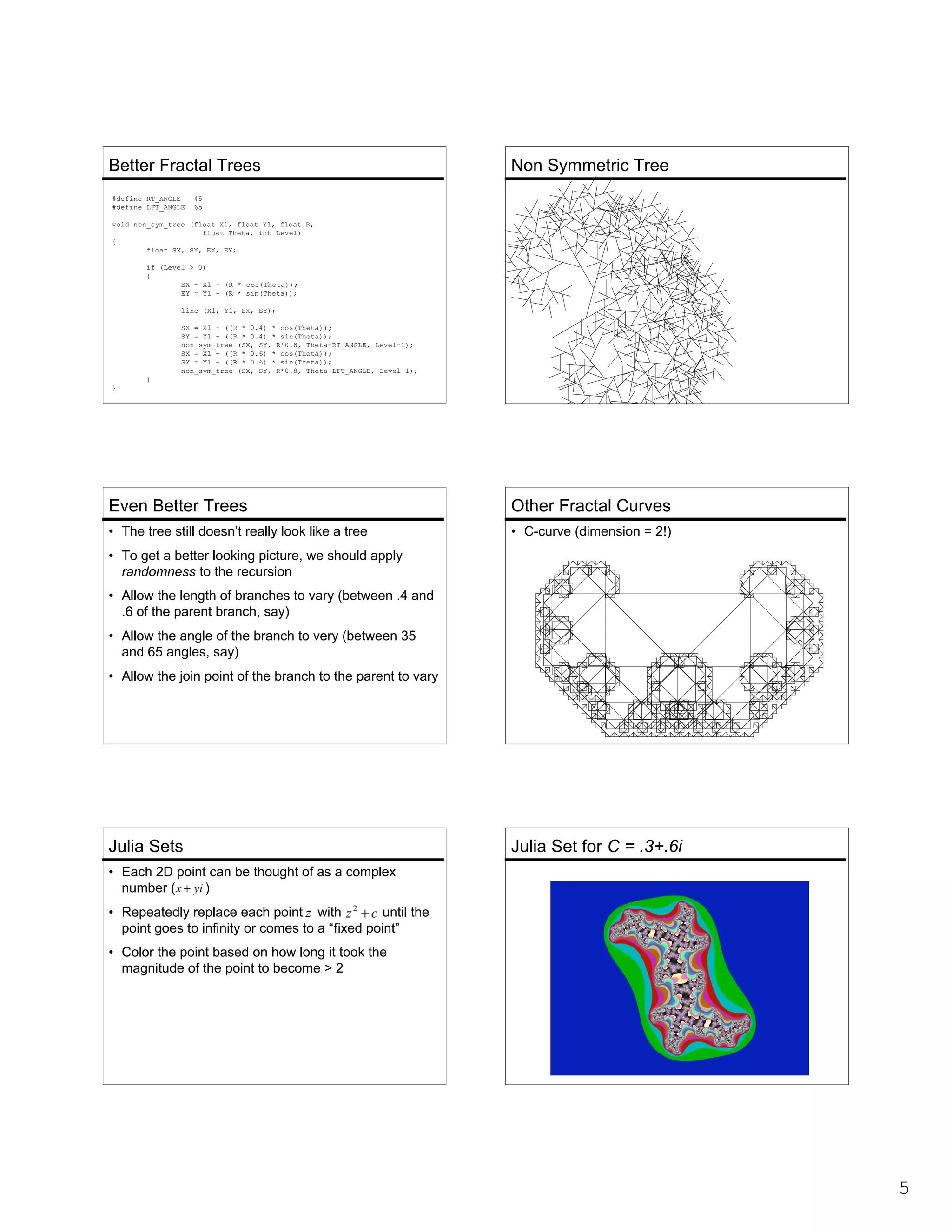 Better Fractal Trees
#define RT_ANGLE
#define LFT_ANGLE

Non Symmetric Tree

45
65

void non_sym_tree (float X1, float Y1, float R,
float Theta, int Level)
{
float SX, SY, EX, EY;
if (Level > 0)
{
EX = X1 + (R * cos(Theta));
EY = Y1 + (R * sin(Theta));
line (X1, Y1, EX, EY);
SX = X1 + ((R * 0.4) * cos(Theta));
SY = Y1 + ((R * 0.4) * sin(Theta));
non_sym_tree (SX, SY, R*0.8, Theta-RT_ANGLE, Level-1);
SX = X1 + ((R * 0.6) * cos(Theta));
SY = Y1 + ((R * 0.6) * sin(Theta));
non_sym_tree (SX, SY, R*0.8, Theta+LFT_ANGLE, Level-1);
}
}

Even Better Trees

Other Fractal Curves

• The tree still doesn’t really look like a tree

• C-curve (dimension = 2!)

• To get a better looking picture, we should apply
randomness to the recursion
• Allow the length of branches to vary (between .4 and
.6 of the parent branch, say)
• Allow the angle of the branch to very (between 35
and 65 angles, say)
• Allow the join point of the branch to the parent to vary

Julia Sets

Julia Set for C = .3+.6i

• Each 2D point can be thought of as a complex
number (
)
• Repeatedly replace each point with
until the
point goes to infinity or comes to a “fixed point”
• Color the point based on how long it took the
magnitude of the point to become > 2

5

 