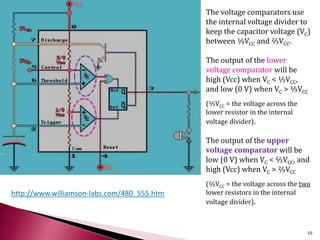 http://www.williamson-labs.com/480_555.htm
The voltage comparators use
the internal voltage divider to
keep the capacitor voltage (VC)
between ⅓VCC and ⅔VCC.
The output of the lower
voltage comparator will be
high (Vcc) when VC < ⅓VCC,
and low (0 V) when VC > ⅓VCC
(⅓VCC = the voltage across the
lower resistor in the internal
voltage divider).
The output of the upper
voltage comparator will be
low (0 V) when VC < ⅔VCC, and
high (Vcc) when VC > ⅔VCC
(⅔VCC = the voltage across the two
lower resistors in the internal
voltage divider).
10
 