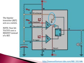 http://www.williamson-labs.com/480_555.htm
The bipolar
transistor (BJT)
acts as a switch.
NOTE: Your kit
TLC555 uses a
MOSFET instead
of a BJT.
11
 