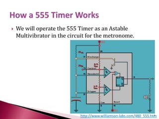  We will operate the 555 Timer as an Astable
Multivibrator in the circuit for the metronome.
http://www.williamson-labs.com/480_555.htm7
 