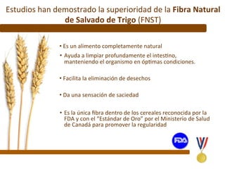 Estudios	
  han	
  demostrado	
  la	
  superioridad	
  de	
  la	
  Fibra	
  Natural	
  
de	
  Salvado	
  de	
  Trigo	
  (FNST)	
  
• 	
  Es	
  un	
  alimento	
  completamente	
  natural	
  
•  Ayuda	
  a	
  limpiar	
  profundamente	
  el	
  intesMno,	
  	
  
manteniendo	
  el	
  organismo	
  en	
  ópMmas	
  condiciones.	
  
	
  
• 	
  Facilita	
  la	
  eliminación	
  de	
  desechos	
  
	
  
• 	
  Da	
  una	
  sensación	
  de	
  saciedad	
  
	
  
•  Es	
  la	
  única	
  ﬁbra	
  dentro	
  de	
  los	
  cereales	
  reconocida	
  por	
  la	
  
FDA	
  y	
  con	
  el	
  “Estándar	
  de	
  Oro”	
  por	
  el	
  Ministerio	
  de	
  Salud	
  
de	
  Canadá	
  para	
  promover	
  la	
  regularidad	
  	
  

 