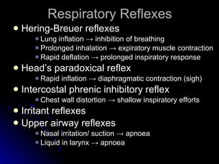 Respiratory Reflexes Hering-Breuer reflexes Lung inflation  -> inhibition of breathing Prolonged inhalation -> expiratory muscle contraction Rapid deflation -> prolonged inspiratory response Head’s paradoxical reflex Rapid inflation  -> diaphragmatic contraction (sigh) Intercostal phrenic inhibitory reflex Chest wall distortion  -> shallow inspiratory efforts Irritant reflexes Upper airway reflexes Nasal irritation/ suction  -> apnoea Liquid in larynx -> apnoea 